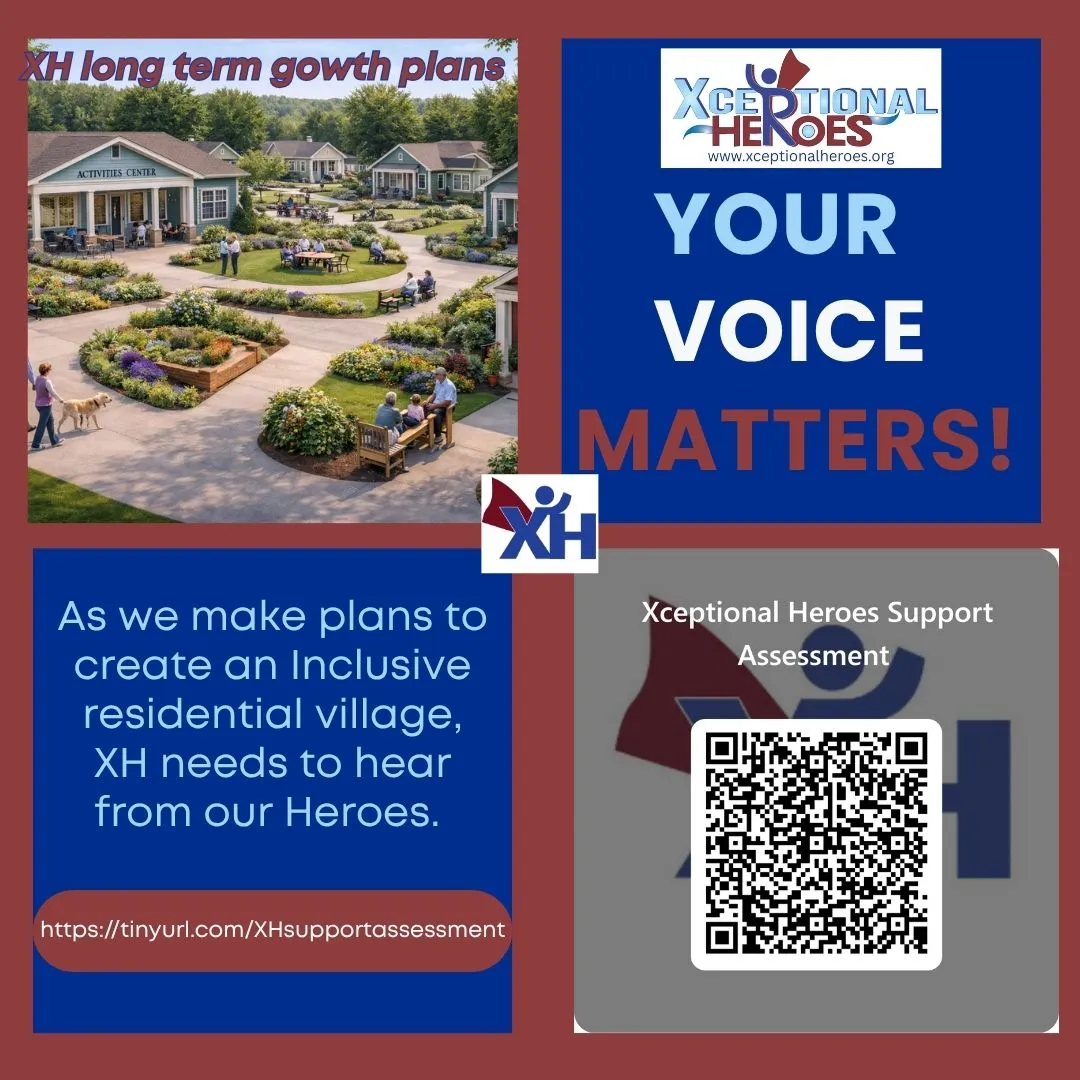 The printed Xceptional Heroes Support Assessment flyer, with a QR code linking to the same survey.